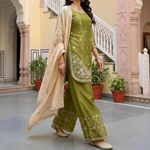 Elegant Olive Green Embroidered Women's Jumpsuit